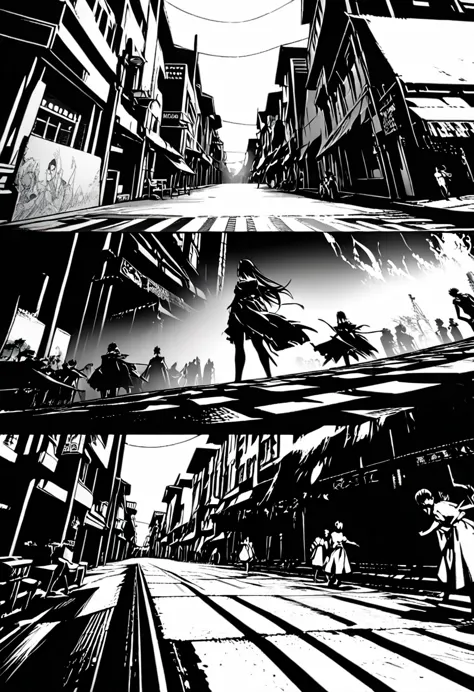 ((aesthetic anime line art scene:1.5)), ((street, background, various vignettes with linear anime action scenes, creative fabric...