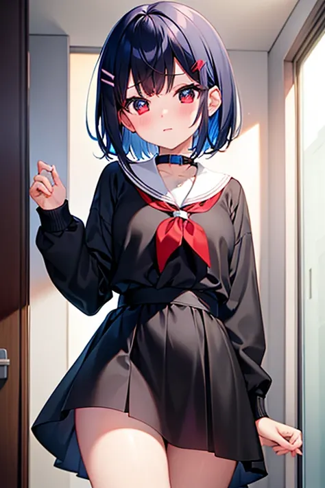 NFSW、masterpiece、Highest image quality、ultra high resolution、Medium-sized elementary school girl、red and large eyes,、black short hair、The inside of the hair has blue coloring.、(Two red hairpins)、red face、shyly、excited