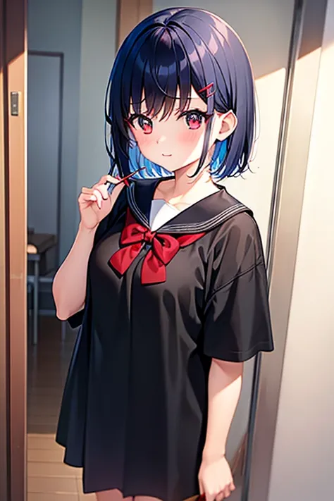 NFSW、masterpiece、Highest image quality、ultra high resolution、Medium-sized elementary school girl、red and large eyes,、black short hair、The inside of the hair has blue coloring.、(Two red hairpins)、red face、shyly、excited、((POV))