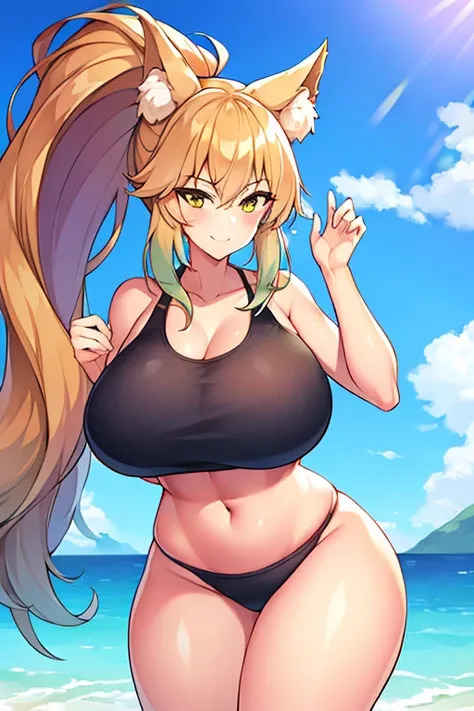 amy, ponytail, bangs, long hair, fox ears, fox tail, thick thighs, large brrasts, 1girl, wide hips, smile, ponytail, sports bra,