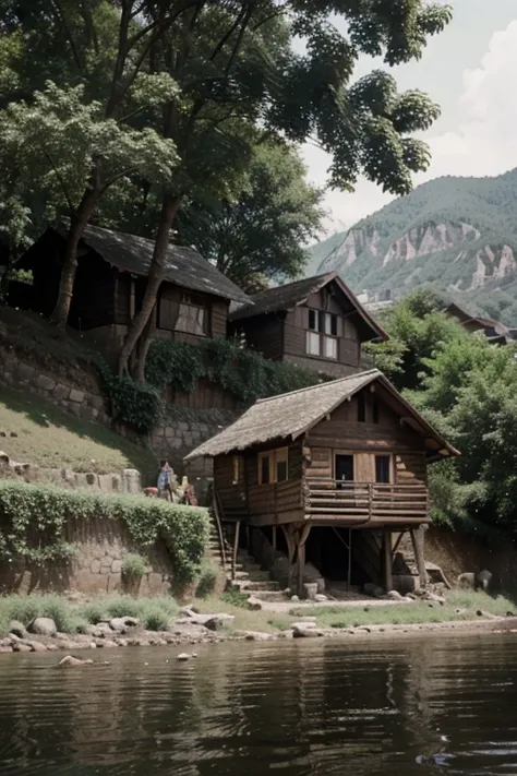 village house by the river from the 1950s 