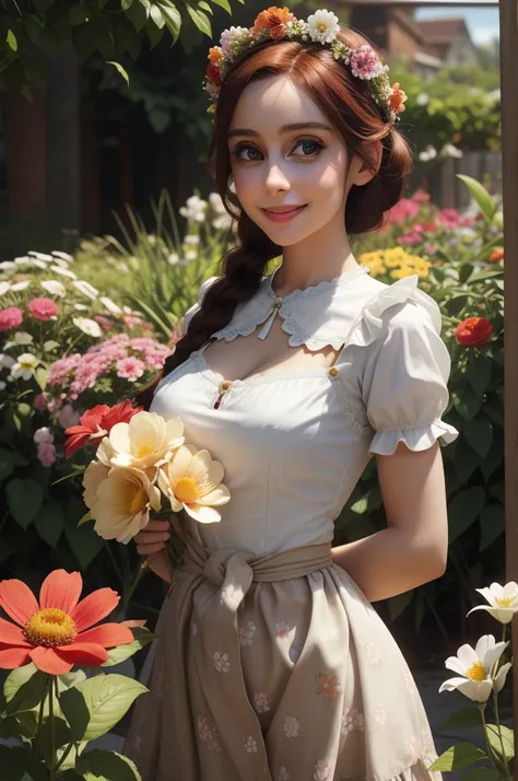 best quality, masterpiece, Auburn hair, sky blue eyes, French maid outfit. looking up, upper body,hair strand,Fair skin,side braids Large chest,. Adorable, mature Woman,detailed big-eyed woman, round face. promenent red lips. Smileing,In the garden, large ...