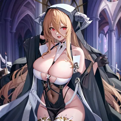 1girl, bangs, bare shoulders, between breasts, black dress, black gloves, blonde hair, breast curtains, cleavage, open mouth, covered navel, habit, hair between eyes, halo, horns, huge breasts, implacable (azur lane), long sleeves, looking at viewer, nun, ...