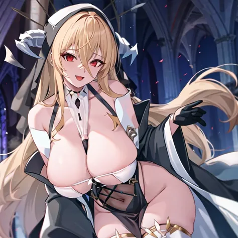 1girl, bangs, bare shoulders, between breasts, black dress, black gloves, blonde hair, breast curtains, cleavage, open mouth, covered navel, habit, hair between eyes, halo, horns, huge breasts, implacable (azur lane), long sleeves, looking at viewer, nun, ...