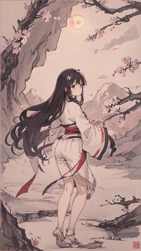 masterpiece, highest quality, night, hill, cloud, full moon, long hair, woman, silhouette, fire Fly,cherry blossoms