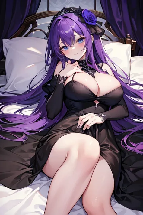 (masterpiece), best quality, expressive eyes, perfect face, long purple hair , blue eyes,big breasts   , sexy,(black wedding dress), (sleeping on a big bed), (smiles mischievously),naked,pink skin 