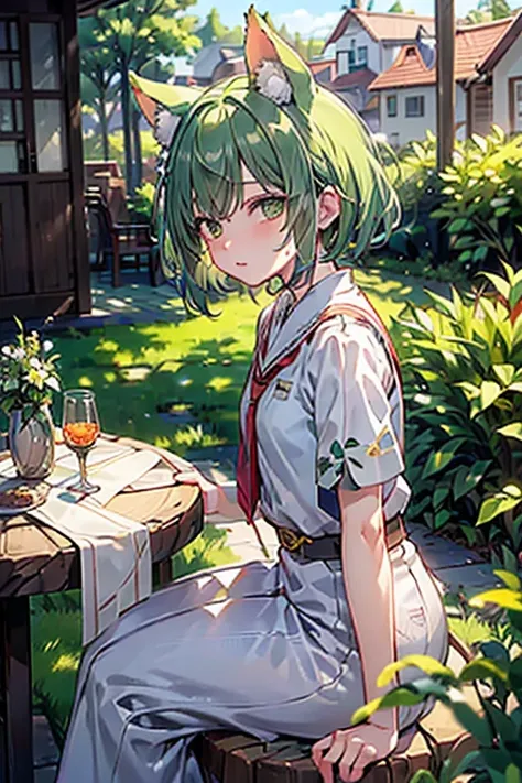 masterpiece, best quality,ultra-detailed,hyper details, cinematic light,, 1girl, solo, sit, outdoor, summerhouse, sitting in the summerhouse,  plants, table, chandelier, candle, wind, green eyes, pan-green silver hair, short hair, animal_ears, animal_ear_f...