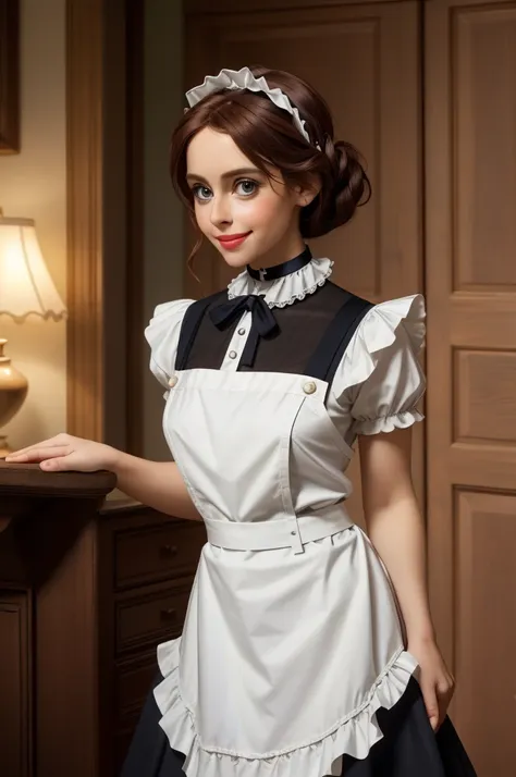 a pretty maid. best quality, masterpiece, auburn hair, sky blue eyes, wearing a steriotypical french maid outfit, (headdress、whi...