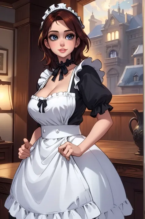 A pretty maid. best quality, masterpiece, Auburn hair, sky blue eyes, wearing a steriotypical French maid outfit, (headdress、white blouse、black ribbon、White Apron、ruffle skirt、puff sleeves、collar、choker、apron with fine ruffles：1.3)、black maid costume). loo...