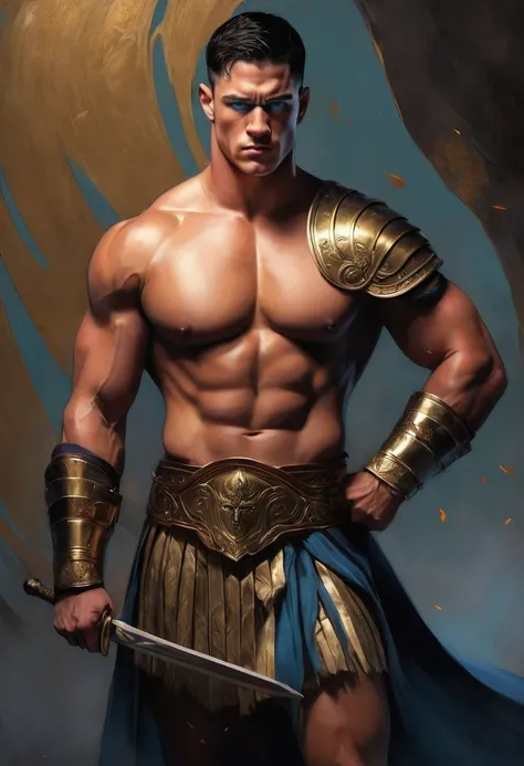 chiaroscuro technique on sensual illustration of an masculine, 26-year-old Italian male model, handsome Roman, (John Cena) he is the god of war, he is Ares, Mars, evil-looking, strong look, light blue eyes, strong jawline, dressed as a gladiator, ancient g...