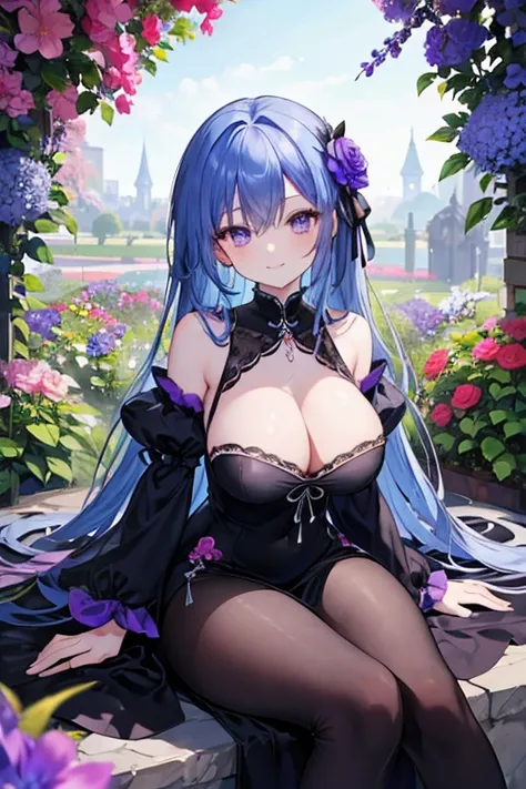 (masterpiece), best quality, expressive eyes, perfect face, long blue hair , purple eyes,big breasts ,graceful, charming ,(black dress), (stand or sit in a garden of colored flowers ), (smiles mischievously),pink skin