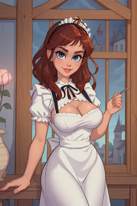 A pretty maid. best quality, masterpiece, Auburn hair, sky blue eyes, wearing a steriotypical French maid outfit, (headdress、white blouse、black ribbon、White Apron、ruffle skirt、puff sleeves、collar、choker、apron with fine ruffles：1.3)、black maid costume). loo...