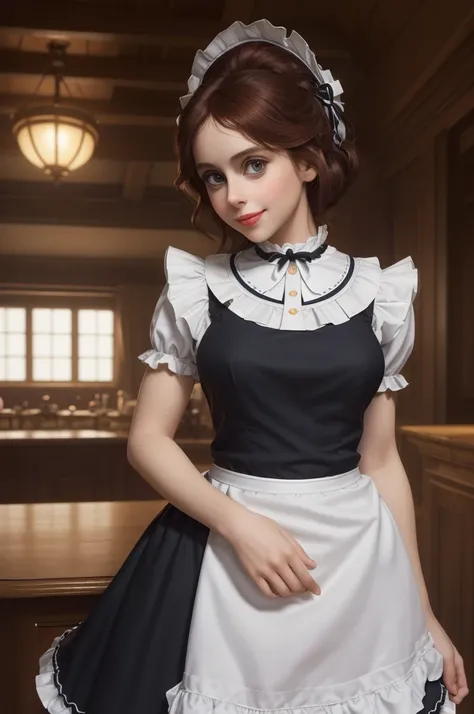 A pretty maid. best quality, masterpiece, Auburn hair, sky blue eyes, wearing a steriotypical French maid outfit, (headdress、white blouse、black ribbon、White Apron、ruffle skirt、puff sleeves、collar、choker、apron with fine ruffles：1.3)、black maid costume). loo...