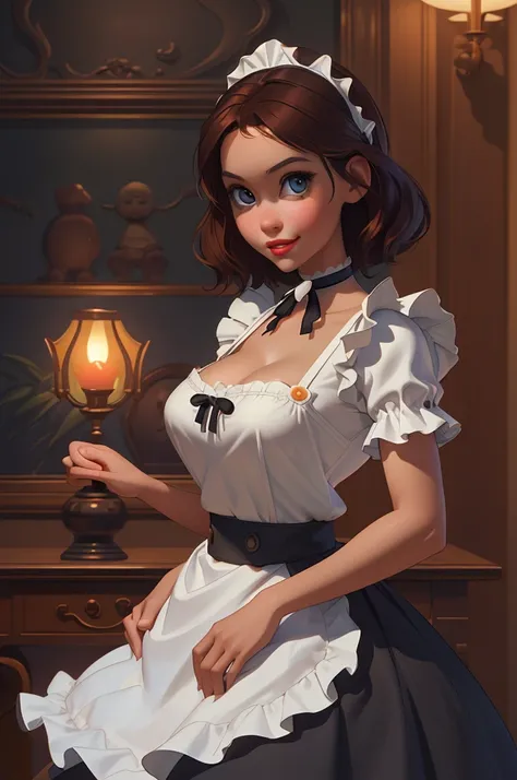 A pretty maid. best quality, masterpiece, Auburn hair, sky blue eyes, wearing a steriotypical French maid outfit, (headdress、white blouse、black ribbon、White Apron、ruffle skirt、puff sleeves、collar、choker、apron with fine ruffles：1.3)、black maid costume). loo...