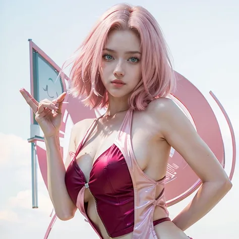 young woman, short shoulder-length pink hair, wide forehead, porcelain skin, pink eyebrows, big emerald green eyes, buttoned nose, full lips, heart-shaped face, slender body, small breasts, red tank top, Sakura Haruno , realistic, realism, details, 3d, wel...