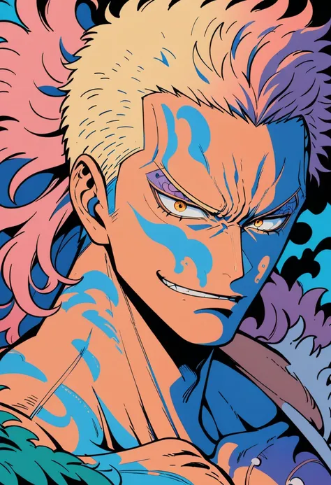 1boy, Donquixote Doflamingo, One Piece, A charismatic and cunning pirate captain who revels in chaos and power, (masterpiece), (best quality), (ultra-detailed), very aesthetic, illustration, disheveled hair, perfect composition, moist skin, intricate detai...