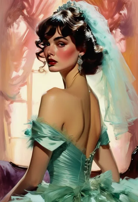 (thick and bold) ink sketch technique on sensual illustration of an elegant bride (((medium hair with bangs:1.4、Beautiful bangs) , vintage ,silky dress, matte painting, by John Singer Sargent, by Harumi Hironaka, extremely soft colors, dark fashion , Tiffa...