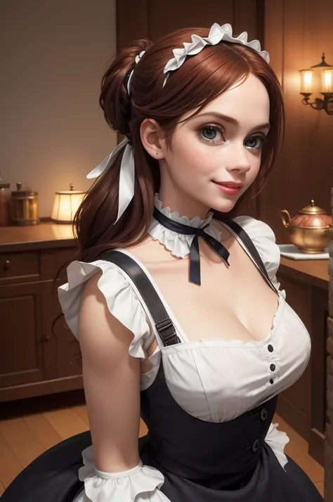 a pretty maid. best quality, masterpiece, auburn hair, sky blue eyes, wearing a steriotypical french maid outfit, (headdress、whi...