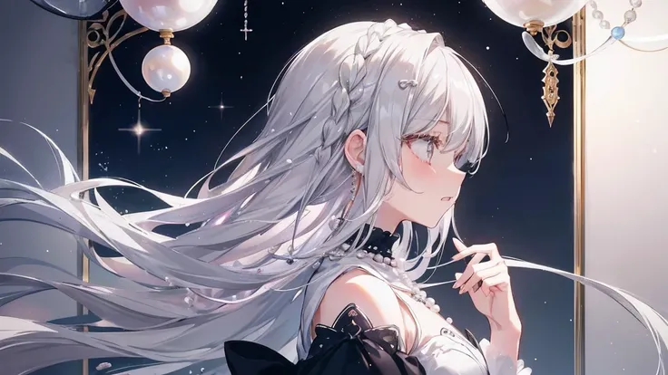 1 girl、Hopeful Eyes、Whimpering、profile、gray hair、long silver hair、masterpiece、Many pearls、Lots of pearl accessories、Highlight the pearls