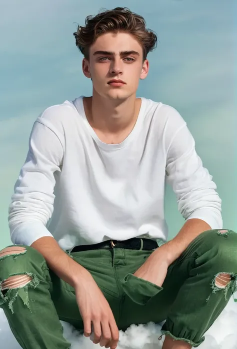 A young man,with cold green eyes sitting on a cloud,wearing a blavk trouser,6foot3 ,shritless and ripped