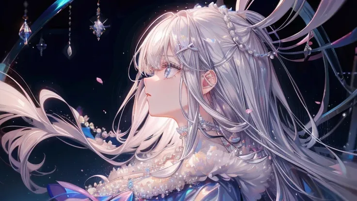 1 girl、Hopeful Eyes、looking here、profile、eyelids rose、gray hair、Beautiful long silver hair、masterpiece、Many pearls、Lots of pearl accessories、Highlight the pearls