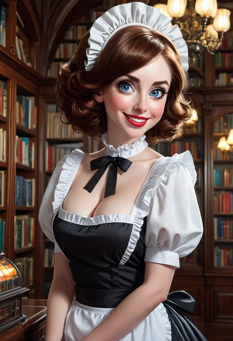 A pretty maid. best quality, masterpiece, Auburn hair, sky blue eyes, wearing a steriotypical French maid outfit, (headdress、white blouse、black ribbon、White Apron、ruffle skirt、puff sleeves、collar、choker、apron with fine ruffles：1.3)、black maid costume). loo...