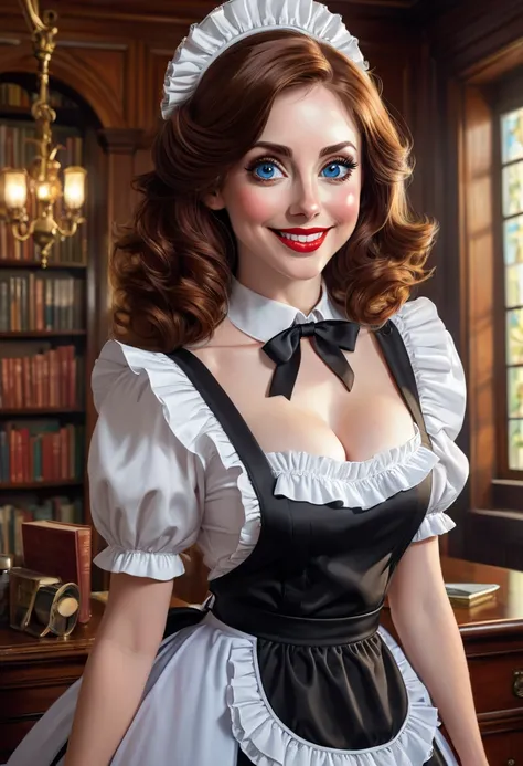 A pretty maid. best quality, masterpiece, Auburn hair, sky blue eyes, wearing a steriotypical French maid outfit, (headdress、white blouse、black ribbon、White Apron、ruffle skirt、puff sleeves、collar、choker、apron with fine ruffles：1.3)、black maid costume). loo...