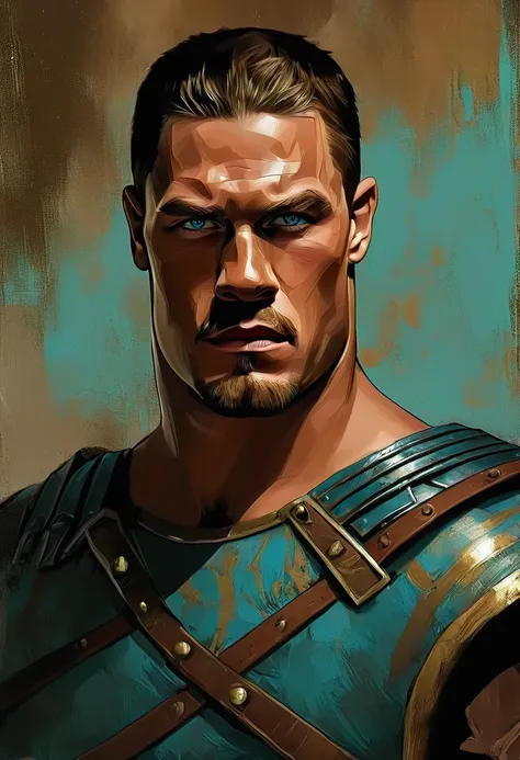 chiaroscuro technique on sensual illustration of an masculine, 26-year-old Italian male model, handsome Roman, (John Cena) he is the god of war, he is Ares, Mars, evil-looking, strong look, light blue eyes, strong jawline, dressed as a gladiator, ancient g...