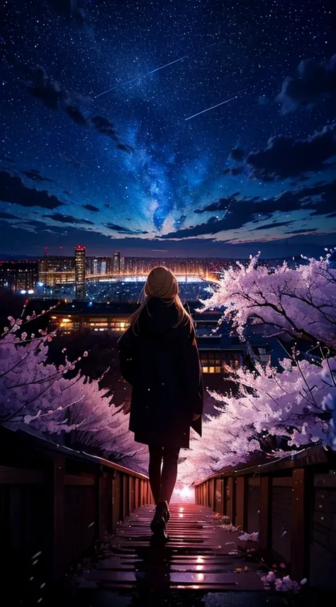 １people々々,blonde long hair，long coat，silhouette， Rear view，space sky, milky way, anime style, cherry blossoms，夜cherry blossoms，辺り一面に舞うcherry blossoms吹雪，Night view of the city from the mountainside，