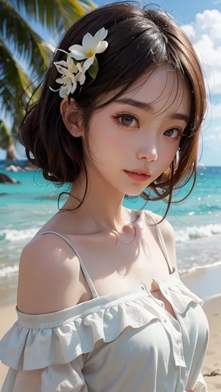 A portrait of a young Japanese woman standing on a sandy beach. She is wearing a white off-shoulder blouse, her hair is shoulder-length and ash brown. The background features a serene beach scene. Her facial expression and eyes are rendered with incredible...