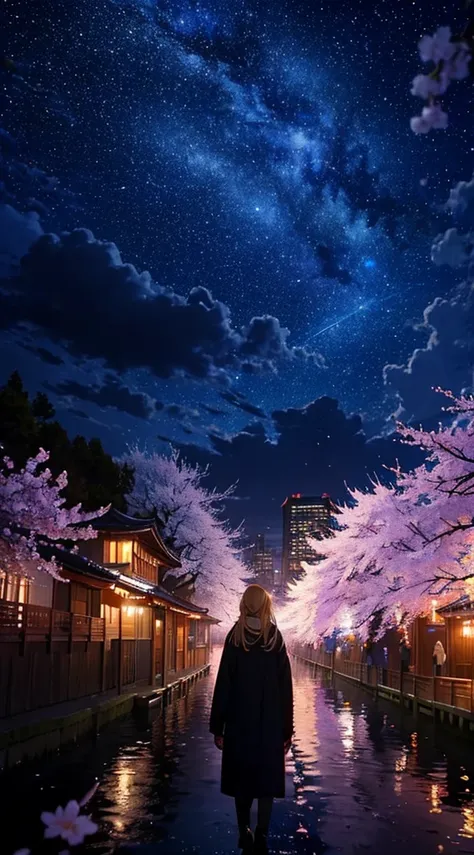 １people々々々,blonde long hair，long coat，silhouette， Rear view，space sky, milky way, anime style, cherry blossoms，夜cherry blossoms，辺り一面に舞うcherry blossoms吹雪，Night view of the city from a river ferry，