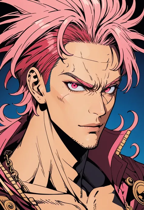 1boy, Donquixote Doflamingo, One Piece, A charismatic and cunning pirate captain who revels in chaos and power, (masterpiece), (best quality), (ultra-detailed), very aesthetic, illustration, disheveled hair, perfect composition, moist skin, intricate detai...