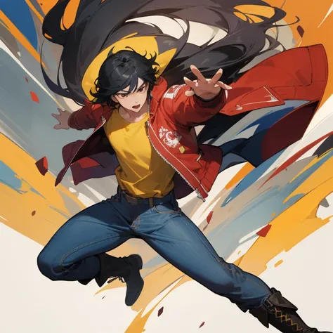 ((highest quality)), ((masterpiece)), (be familiar with), anime,youth,male,black hair,Triumphant look,jeans,red jacket,yellow t-shirt,action,boots