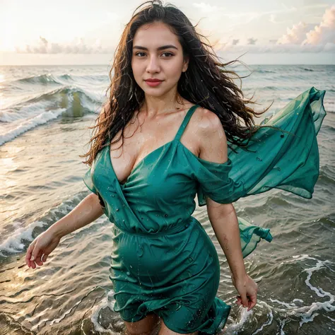 woman in a green dress is walking into the sea, long green gloves, elegant, closeup with water, ((waves)), (top_view_perspective:1.3), beautiful maiden, wearing a dress made of water, cleavage, nude belly, realistic oil photo, dripping wet, in water up to ...