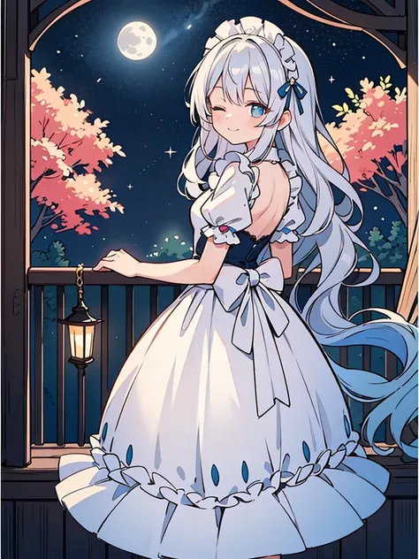 an anime-style female character standing on a balcony at night. Her long, wavy hair cascades down her back and is a striking shade of silver-blue, complementing her similarly colored Victorian maid outfit adorned with frills and ribbons. The dress is detai...