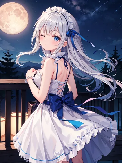 an anime-style female character standing on a balcony at night. Her long, wavy hair cascades down her back and is a striking shade of silver-blue, complementing her similarly colored Victorian maid outfit adorned with frills and ribbons. The dress is detai...