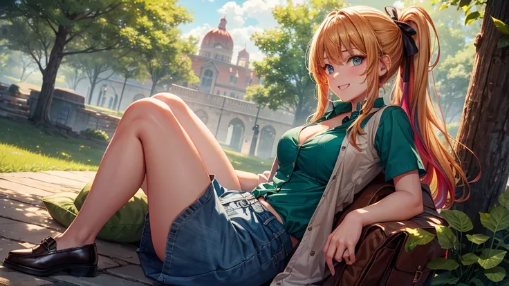 1girl, summer, village, trees, sun, clouds, ((colorful hair)), ponytail, large breasts, cleavage, button down, blue eyes, ((dark green shirt)), ((unbuttoned shirt)), unbuttoning buttons, ((short sleeved shirt)), mini skirt, brown shoes, grin, looking at th...