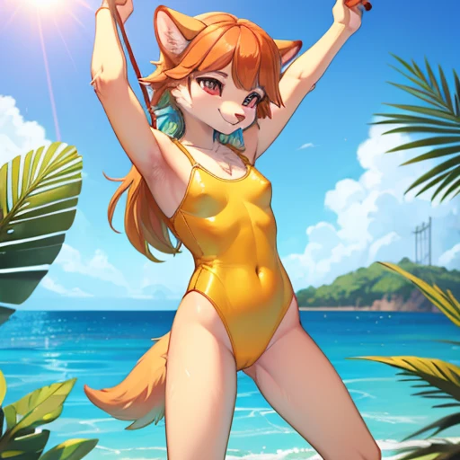 1girl, masterpiece, Kiara, tropical aquapark, full body shown, horny face, yellow one piece swimsuit, looking at me, half closed eyes, extremely skinny no fat, toddler, standing, anthro, furry, long snout, fur, small breasts, hands swinging to the side