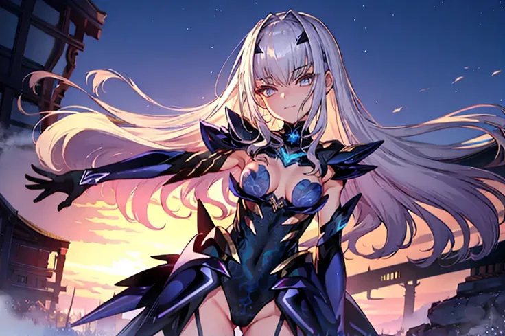 (full body),Explain the whole,NSFW,最high quality,High resolution, Super detailed,game CG,dutch angle,緻密でbeautiful eyes,beautiful girl,chest focus,(enchanting smile), (spread your legs), (raise your legs), leotard，armor, 装甲dress, Black dress, 黒いgloves, Blue...