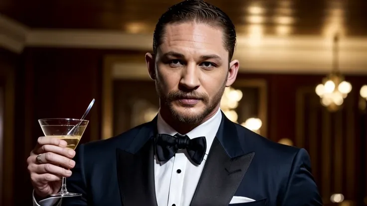 Imagine Tom Hardy as James Bond wearing a tuxedo and holding a glass of vodka martini