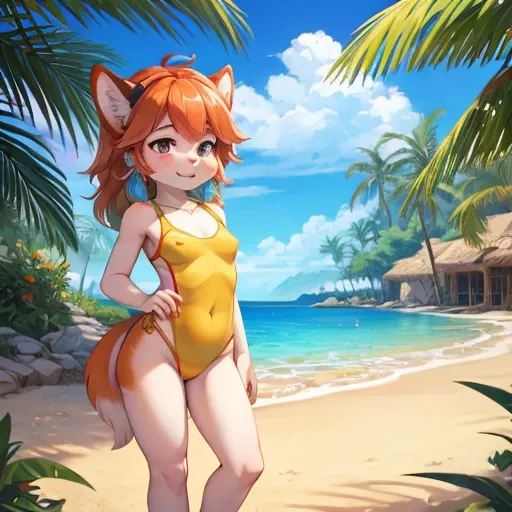 1girl, masterpiece, Kiara, tropical aquapark, full body shown, horny face, yellow one piece swimsuit, looking at me, half closed eyes, thick, toddler, standing, anthro, furry, long snout, fur, small breasts, hands to the side