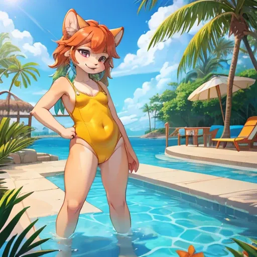 1girl, masterpiece, Kiara, tropical aquapark, full body shown, horny face, yellow one piece swimsuit, looking at me, half closed eyes, plump, toddler, standing, anthro, furry, long snout, fur, small breasts, hands to the side