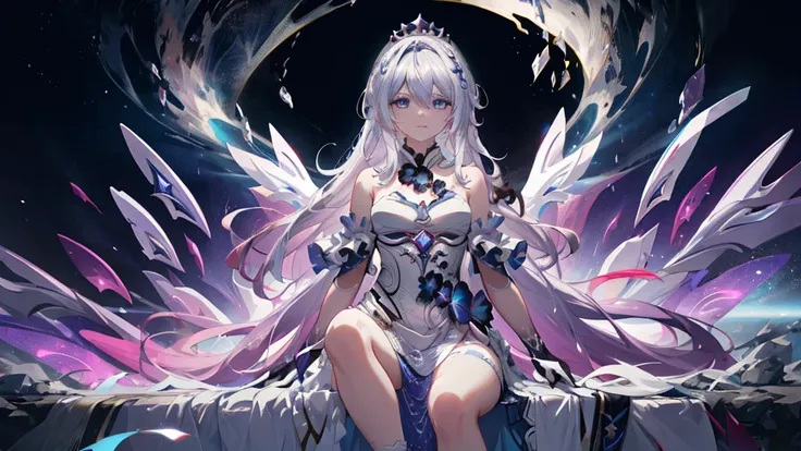 1 girl, alone, full body, (highest quality,8K,High resolution,masterpiece:1.2),Super detailed,(anime), Lord of Finality, Kiana  (Honkai impact 3)Very long white hair, blue eyes, alone, highly detailed facial features, detailed and beautiful eyes, cute, loo...