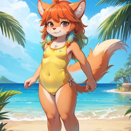 1girl, masterpiece, Kiara, tropical aquapark, full body shown, horny face, yellow one piece swimsuit, looking at me, half closed eyes, pudgy, toddler, standing, anthro, furry, long snout, fur, small breasts, hands to the side