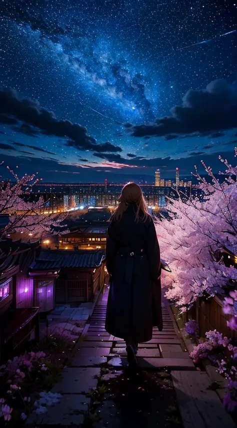 １people,blonde long hair，long coat，silhouette， Rear view，space sky, milky way, anime style, cherry blossoms，夜cherry blossoms，辺り一面に舞うcherry blossoms吹雪，Night view of the city from the mountainside，