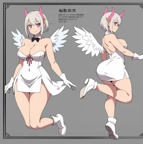 reference sheet, 1girl, (solo:1.2), curvy, (masterpiece:1.2), (best quality:1.2), (perfect anatomy:1.4), (jumping:1.4), (happy:1.2), smile, (large breasts:1.4), (cowboy shot:1.2) lack, anime style, pastel colors, thick semi-traditional lineart, al1, demon ...