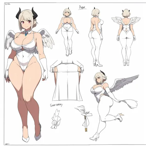 reference sheet, 1girl, (solo:1.2), curvy, (masterpiece:1.2), (best quality:1.2), (perfect anatomy:1.4), (jumping:1.4), (happy:1.2), smile, (large breasts:1.4), (cowboy shot:1.2) lack, anime style, pastel colors, thick semi-traditional lineart, al1, demon ...