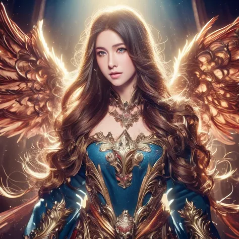 (detailed cg illustration、digital art:1.4),winged female, saint, huge long hair, brown hair, huge brown feathers, blue long dres...