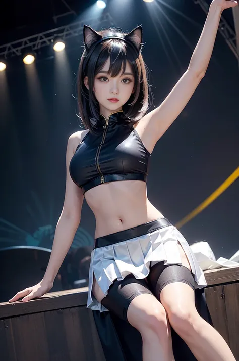 Bangs, Cat ear headbands, Ideally , have, 印have文字的短款系带 T 恤, Abdominal muscle stomach, short skirt, leg, sitting, low field of view, (stage background), bright colors, studio lights, soft light, dim lights, 3d animation