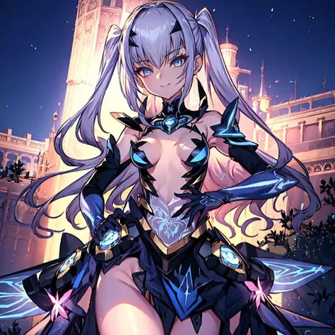 (full body),Explain the whole,NSFW,最high quality,High resolution, Super detailed,game CG,dutch angle,緻密でbeautiful eyes,beautiful girl,chest focus,(enchanting smile), (spread your legs), (raise your legs), leotard，armor, 装甲dress, Black dress, 黒いgloves, Blue...